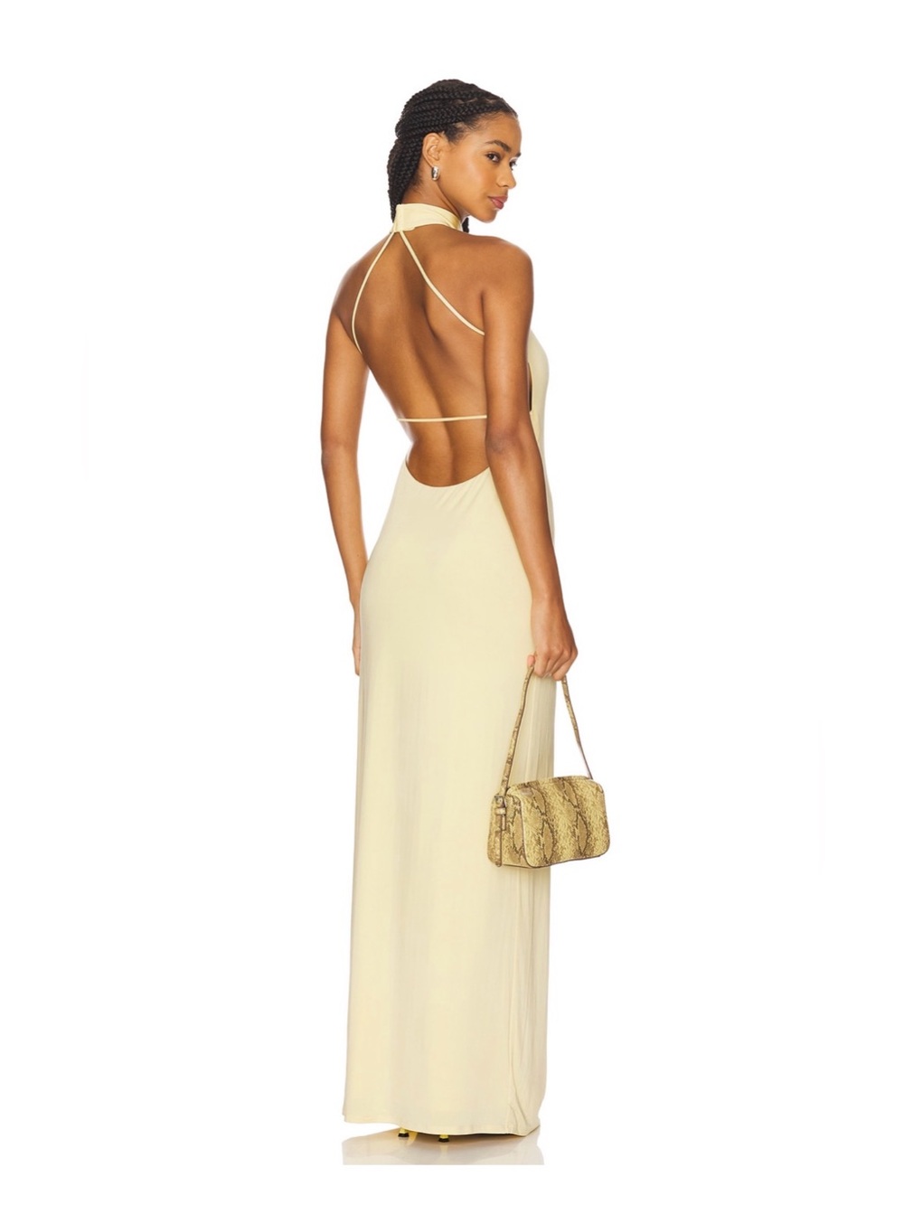 NBD Pale Yellow Backless Halter Maxi Dress